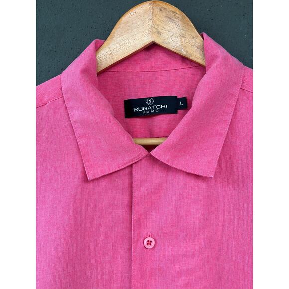 Bugatchi Uomo Men’s Large Pink Short Sleeve Casual Button Up Hawaiian Camp Shirt - Picture 5 of 9